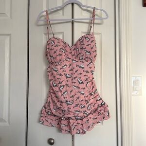 Shark Swimsuit One Piece Vintage Pinup Style Ruffle Skirt